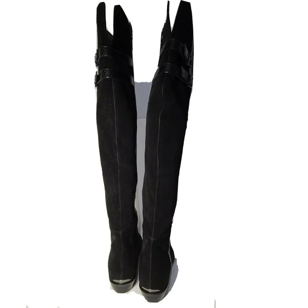 Michael Kors Womens boots OTK Over the Knee black Suede snake trim flat sz 7.5